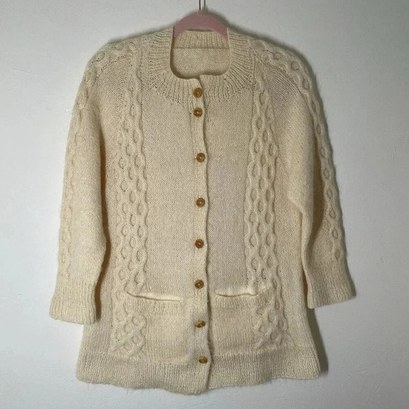 Vtg Mohair Wool Sweater Cardigan Cream M Petite Fishermen Cottagecore Prairie - Picture 1 of 11
